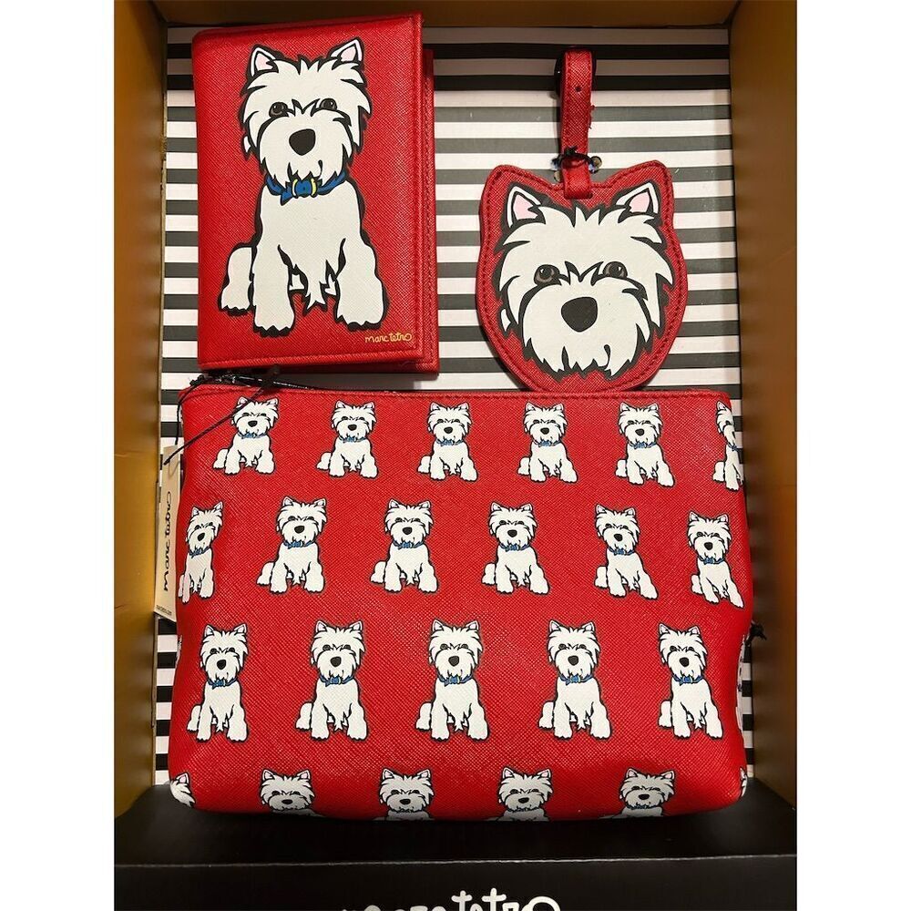 Marc Tetro Westie 3-Piece Travel Set Cosmetic Bag Luggage Tag Case - Picture 2 of 3